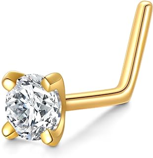 14K Real Solid Yellow Gold Nose Stud ring 20Gauge Round Moissanite L shape Nose Piercing Jewelry for Women Men Real Gold