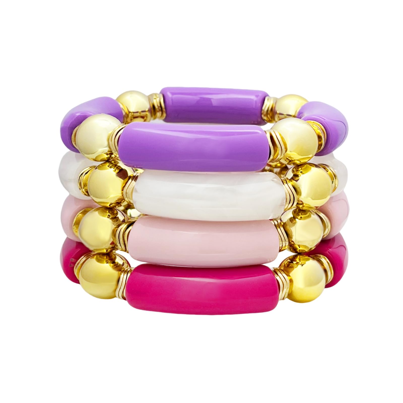 Spring Ring Clasp Vibrant Tube Bead Bracelet - Women and Girls' Stackable, Stretchy Acrylic Bangle Set, Bead Chain - No Gemstone, Alloy Material, Bold Design