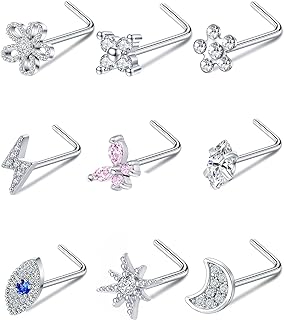 Tornito 9Pcs Nose Rings Stud L Bone Screw Shaped Nose Ring Flower CZ Snowflake Butterfly Screw Nose Stud Body Piercing Jewelry for Women Men 20G Silver Gold Rose Gold Tone
