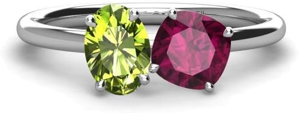 ABHI Oval & Cushion Cut Peridot & Ruby Two Stone Wedding Engagement Ring 925 Sterling Silver In 14K White Gold Over Wedding Ring for Women's