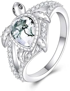 925 Sterling Silver Turtle Themed Ring with Moss Agate Design for Women, Size 7, Turtle Jewelry Gift for Women and Girls