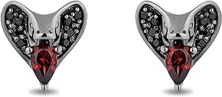 Jewelili Enchanted Disney Fine Jewelry Black Rhodium over Sterling Silver 5x3 MM Pear Red Garnet and 1/8 Cttw Treated Black Round Diamond Jafar Stud Earrings