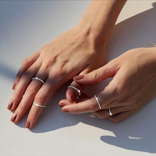Sterling Silver Rings for Women, Dainty Stackable Silver Rings for Women Cute 925 Silver Rings for Teen Girls Thin Beaded Eternity Bands Wedding Rings Band Adjustable Ring Set Knuckle Bands for Women Size 5-10in