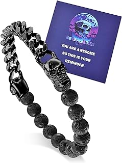 Unisex Stainless Steel Skull Bead Bracelet with Durable Rope Chain, Double Safety Clasp, Ideal for Men & Women, Gothic Design with Lava Stones