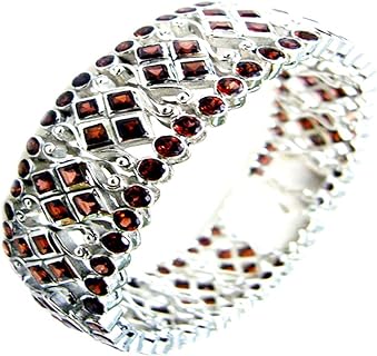 Hand-Crafted 925 Sterling Silver Natural Garnet Bangle Bracelet with Box-Lock Clasp, Cluster-Style Design, 6.5-8 inch Length, Origin: India