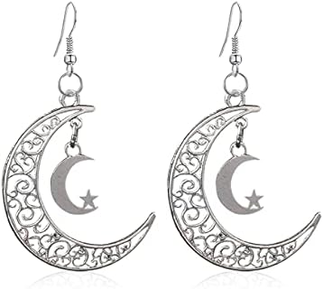 Handmade Unique Vintage Silver Boho Star Moon Drop Dangle Earrings Bohemian Moon Crescent Hook Earrings for Women Girls Statement Jewelry Gifts