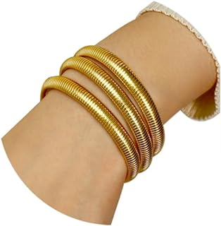Gold Bangle Bracelets For Women Non Tarnish 14k Gold Plated Stackable Chunky Gold Bracelet Set Stretch Trendy Elastic Snake Chain Bracelet