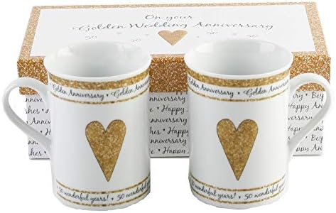 Beautifully Designed 50th Golden Wedding Anniversary Set of Ceramic Mugs with Hearts | Dishwasher and Microwave Safe with Decorative Keepsake Box