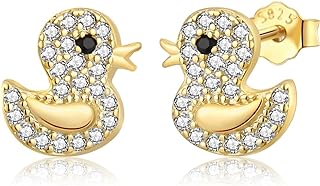 Rofeego Cubic Zirconia Embellished Sterling Silver Duck Stud Earrings with Push-Back Findings, Ideal Gift for Sensitive Ears