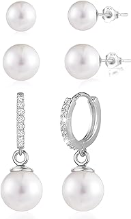Triple-Set Silver Pearl Stud Earrings for Women with Latch Back; Hypoallergenic 925 Sterling Silver, Stunning Gift Option for Special Occasions