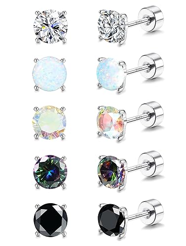5 Pairs Hypoallergenic Sterling Silver Post Earrings 20G Flat Back Earrings Cartilage Earrings Cubic Zirconia Opal Earrings 18K White Gold Sleep Stud Earrings for Sensitive Ear
