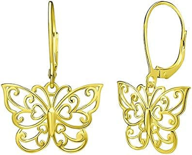 Sterling Silver Butterfly Earrings - Filigree Dainty Drop Dangle Leverback – Dangle Earing for Women - Sterling Silver Earrings for Women