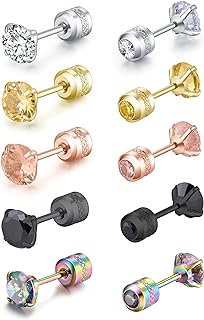 5 pairs of titanium screw surgical stainless steel stud earrings, Titanium Screw Back Stud Earrings Set for Sensitive Ears, rainbow 3A cubic zirconia studs double-sided Earrings perforated sleepers stud jewelry 6mm