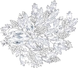 EVER FAITH Silver Leaf Brooch with Durable Pin Clasp for Wedding Accessory, 4-Inch Teardrop Flower Crystal Design