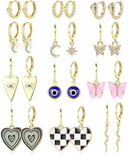 Women's Dainty Alloy Push Back Hoop Earrings with Cubic Zirconia & Butterfly-Star-Moon-Snake Heart Charms by Sanfenly