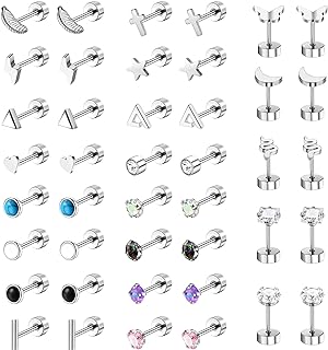 Dochais 25 Pairs Stainless Steel Stud Earrings Set with Screw Back and Cubic Zirconia Gems in Diverse Butterfly, Star, and Flower Designs for Women