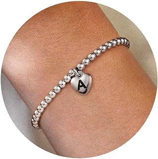 Anoup Stainless Steel Beaded Initial Charm Bracelets with Lobster Claw Clasp - Fashionable Heart Design Silver Jewelry for Women and Girls