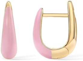 PAVOI 14K Gold Plated Sterling Silver Posts Enamel Earrings for Women | Colored Enamel Cubic Zirconia Huggie Hoop Earrings | Blue Pink Purple White Enamel Jewelry