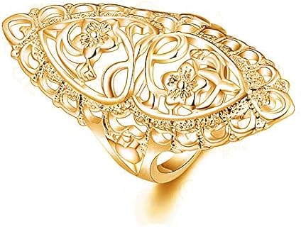 Elegant 18K Real Gold Plated Statement Rings Hollow Carved Flower Full Finger Ring Silver Wide Band Birthday Gifts Chunky Gold Thumb Rings Cocktail Rings for Women