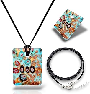 Lobster Clasp Turquoise Blue Millefiori Glass Pendant Necklace on Cord Chain, Handcrafted Italian-Style Jewelry for Women, Hypoallergenic and Nickel Compliant