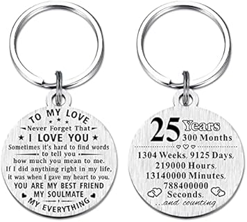 Engraved Stainless Steel 25th Wedding Anniversary Keychain for Men and Women- Classic Round Design