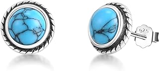 Hypoallergenic 925 Sterling Silver Turquoise Stud Earrings with Push Back, Classic Circle Design - Perfect Gift for Women and Girls