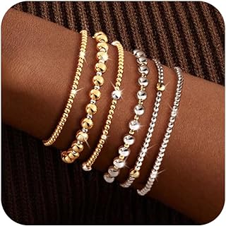 7-Day Sterling Silver and 14K Yellow Gold Stretch Beaded Bracelets with Spring Ring Clasp, Perfect for Women and Girls, Elegant and Modern Design