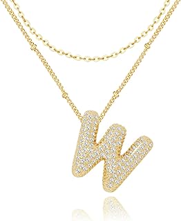 A-Z Bubble Letter Necklace Gold, Layered Bubble Initial Necklace, 18k Gold Plated Rhinestone Letter Pendant Chain for Women Girls Jewelry Gift