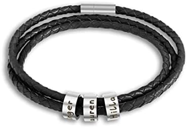 Personalized Black Braid Leather Bracelet with Engraved Names - Customizable ID Name Bracelet for Men, Women, and Special Occasions