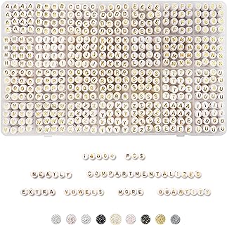 Deinduser 1400 Pieces Letter Beads - 4x7mm White Round Letter Beads for Bracelets - Acrylic Letter Beads for Jewelry Making - Bracelet Letter Beads - Alphabet Beads Gold on White