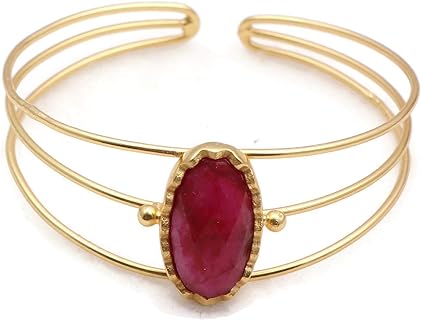 Adjustable Gold-Plated Brass Bangle with Pink Ruby Hydro Gems, Handcrafted in India for Sophisticated Style