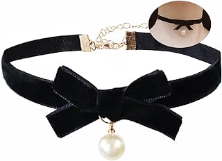Vintage Velvet Chain Choker Necklace with Bow-knot and Bell Pearl Heart Pendant for Women