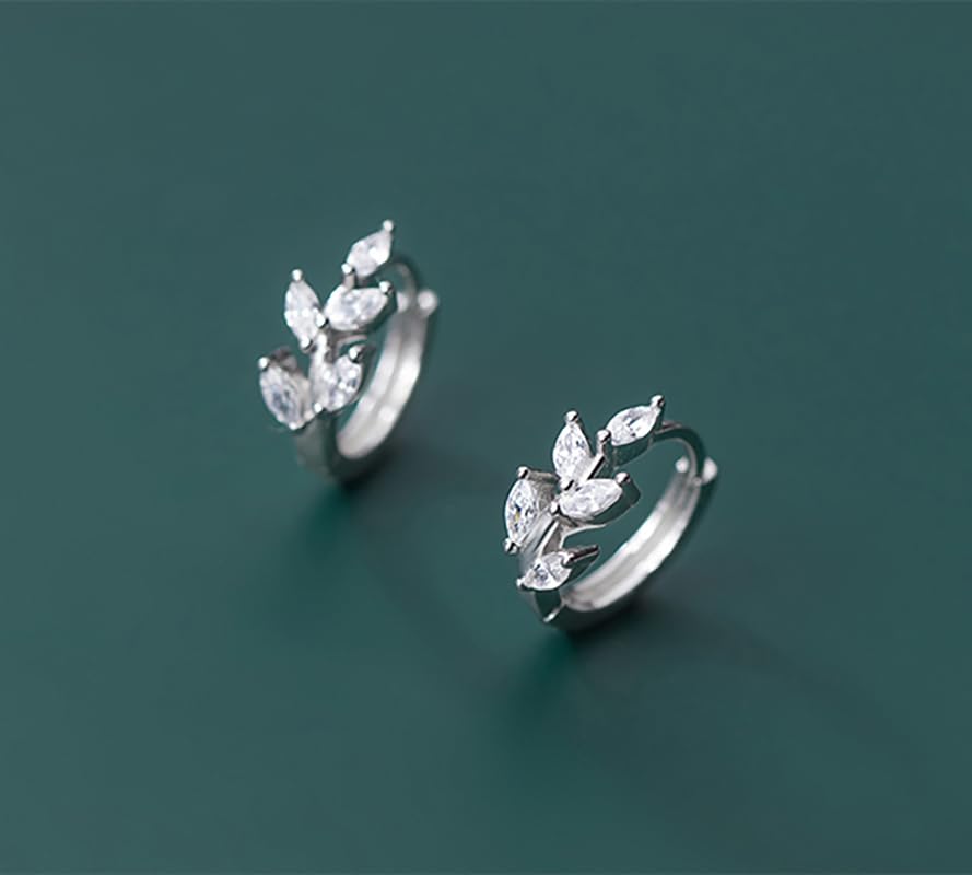 Reffeer Solid 925 Sterling Silver CZ Leaf Hoop Earrings Huggies for Women Girls Small Leaf Cartilage Hoop Earrings Helix Earrings