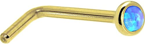 14k Yellow Gold L-Shaped Nose Stud with Blue Synthetic Opal for Women, Timeless Design