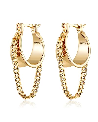 925 Sterling Silver Small Huggie Hoop Earrings for Women Trendy 14K Gold Plated Chain Hoop Flower Dangle Drop Earrings