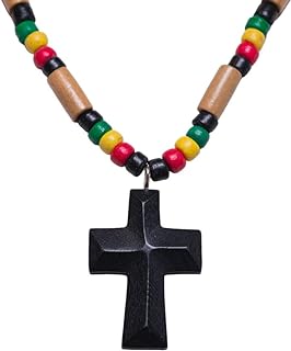 BlueRica Hand Carved Wood Cross on Rasta Coconut Beads Necklace (18")