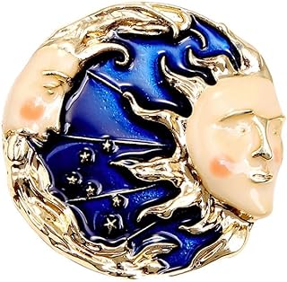 Gothic Blue Moon Enamel Half Moon Brooch Pin Moon with Sun Face Lapel Pin Badges for Women Girls Charm Dress Suit Coat Decors
