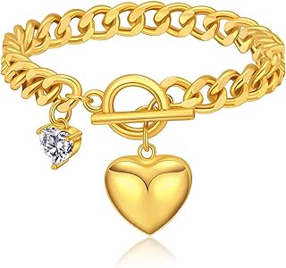 Gold Coin Charm Bracelet with Cuban Chain and Toggle Clasp, Ideal for Women or Men, Heart Design