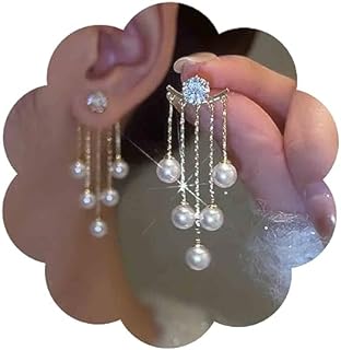 Boho Pearl Tassel Dangle Earrings with Push Back Design for Women and Girls, Zinc Alloy Material, No Gemstone, Designed in China