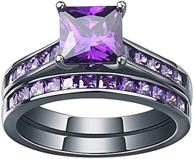 SHELOVES Women Black Gold Plated Wedding Rings Purple Amethyst Princess Cz Engagement Ring Sets 5-12