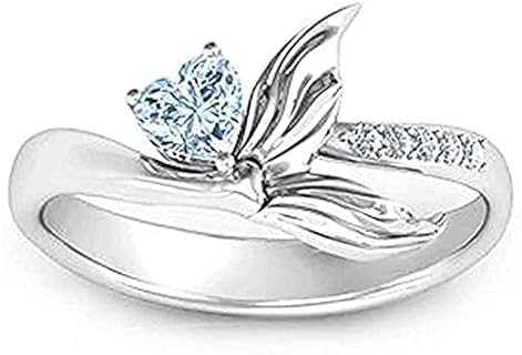 Heart Shape Blue Aquamarine Mystical Mermaid Engagement Wedding Ring for Women 14k White Gold Plated In Sterling Silver.