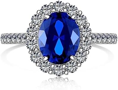 Princess Diana-Inspired Halo Engagement Ring with Created Blue Sapphire for Women, Solid Sterling Silver Design by Ambica New York