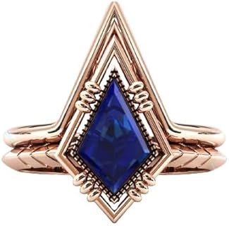 2.5 CT Kite Shaped Blue 14K Sapphire Engagement Ring Set Vintage Art Deco Blue Sapphire Wedding Ring Unique Blue Sapphire Rings Set For Women