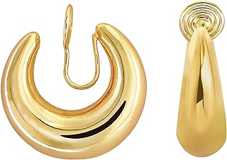 FAN&LOUIS Clip On Earrings Women Chunky Thick Gold Huggie Hoops Small lightweight Oval Golden Clip-On Earrings Non Pierced Piercing 14K Real Gold Plated Earrings for Women Girls Teens