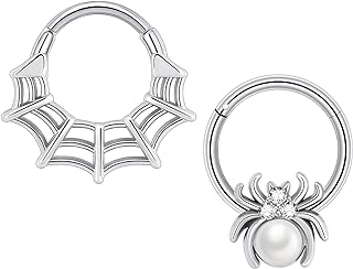 Longbeauty 16G Septum Ring Spider Cobweb Surgical Steel Clicker Nose Rings Hoops Conch Daith Helix Cartilage Earrings Piercing Jewelry Black Silver
