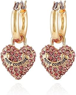 Juicy Couture Goldtone Huggie Hoop with Pave Pink Rhinestone Heart Charm Dangle Earrings