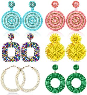 6 Pairs Beaded Drop Earrings Handmade Seed Bead Earrings Bohemian Colorful Earrings Dangle Beaded Statement Earrings Lightweight Beach Dangling Earrings Jewelry for Women Girls