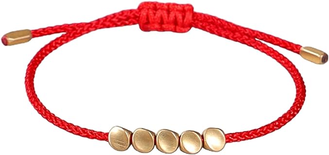 Handmade 5-Bead Copper Tibetan Bracelet with Rope Chain and Lobster Claw Clasp for Men and Women, Adjustable Lucky Red Feng Shui Design