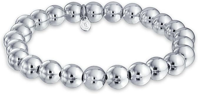 Bling Jewelry Simple Plain Round Stackable .925 Sterling Silver Bead Ball Strand Stretch Bracelet For Women 6 8 10 MM 7.5 8 8.5 9 Inch