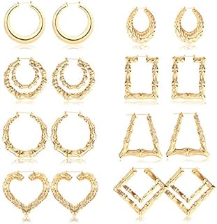 sailimue 8 Pairs Bamboo Earrings for Women Large Different Shape Bamboo Hoop Earrings Set Chunky Silver Gold Big Hoop Earring Hip-Pop Style Fashion Custom Jewelry Party Accessory